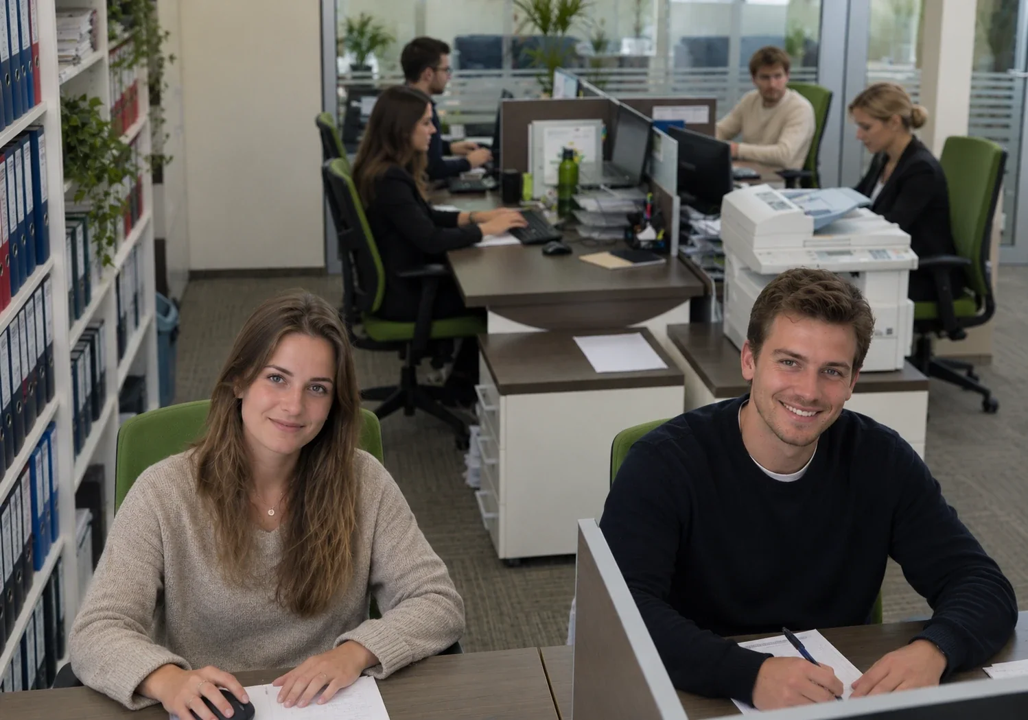 Two colleagues smiling at their desks in an open-plan office, the rest of the team working behind them