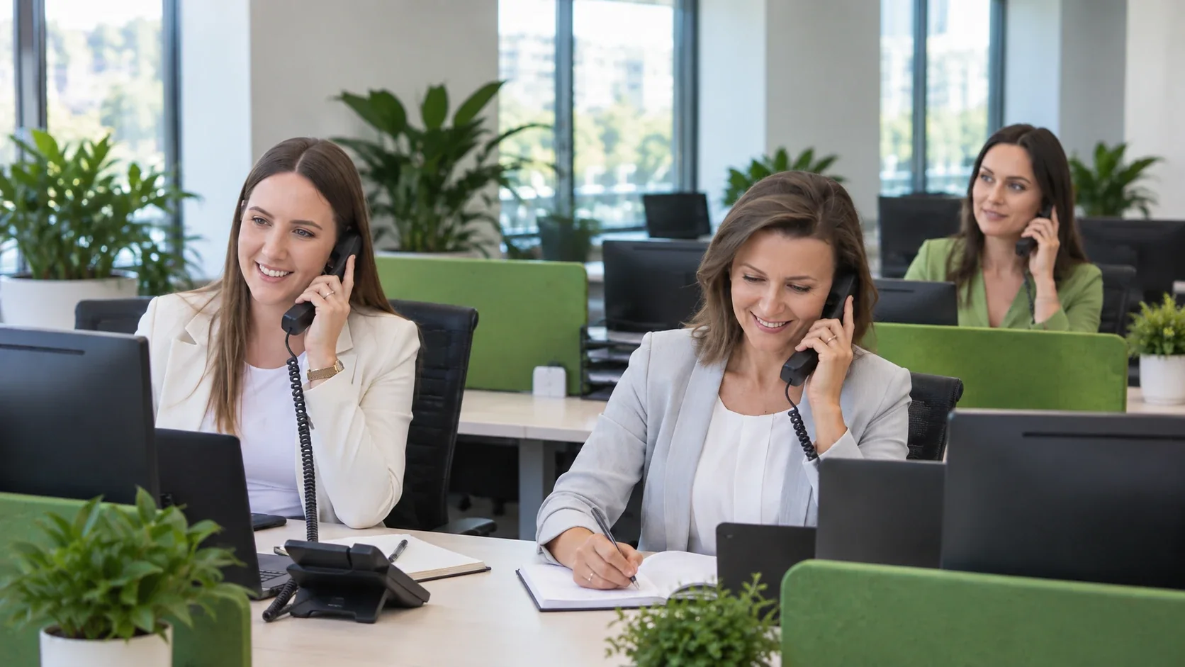 Three colleagues on desk phones in a bright open-plan office with green desk dividers, one taking notes