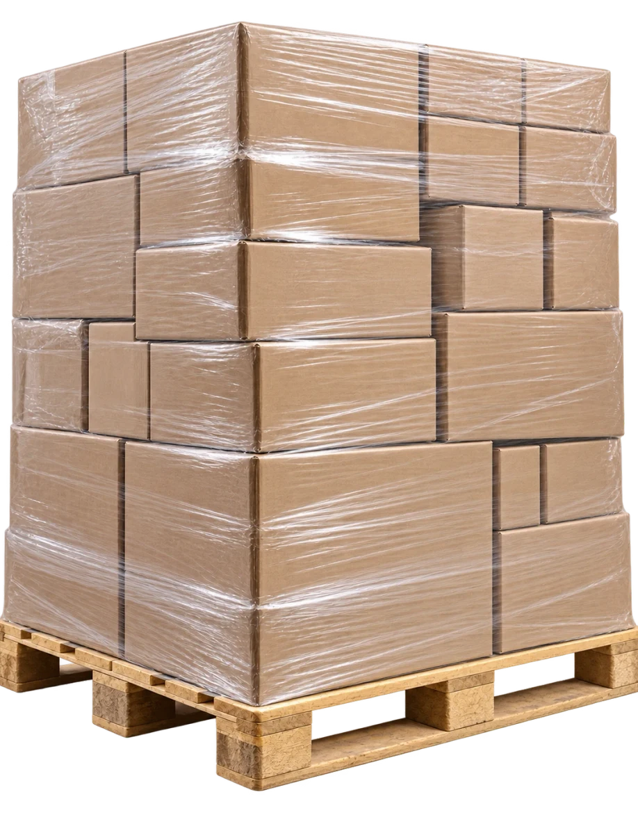 A shrink-wrapped pallet of mixed cartons on a euro pallet, ready to ship