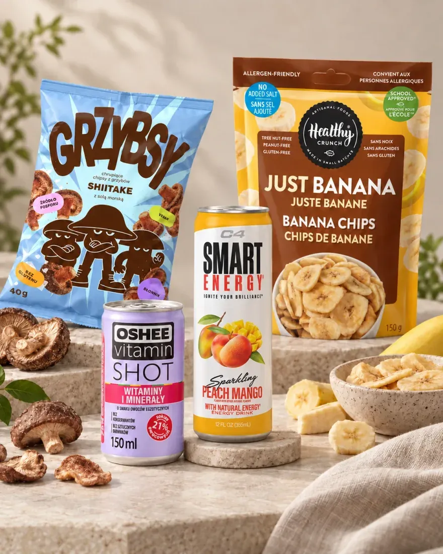 Drinks and better-for-you snacks: an Oshee vitamin shot and C4 Smart Energy Peach Mango, beside Grzybsy shiitake chips and Healthy Crunch banana chips