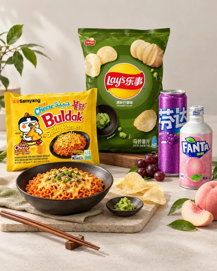 International flavours: Samyang Buldak cheese ramen, wasabi Lay's and Fanta in grape and peach, with a bowl of the noodles