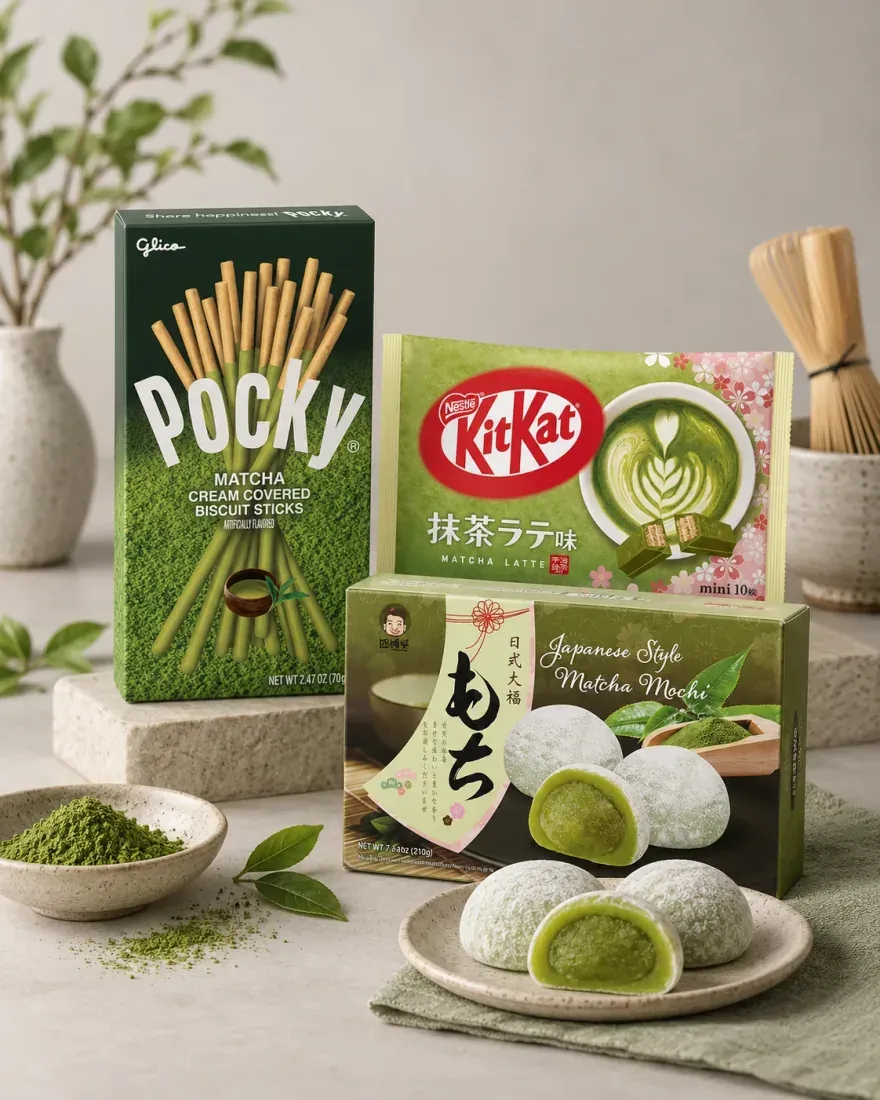Matcha snacks: Pocky biscuit sticks, a KitKat Matcha Latte pack and a box of matcha mochi, beside a bowl of matcha powder