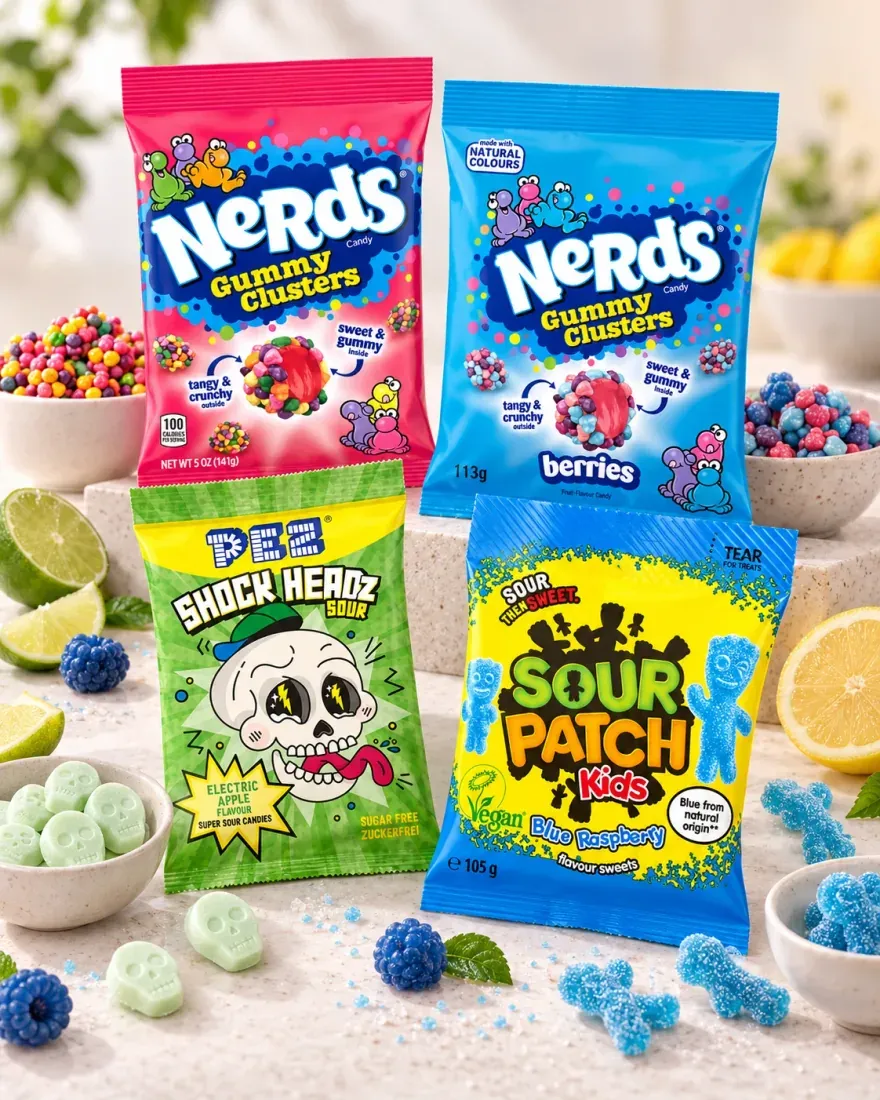 Impulse sweets: Nerds Gummy Clusters in two flavours, PEZ Shock Headz sour candies and Sour Patch Kids Blue Raspberry, with bowls of the sweets