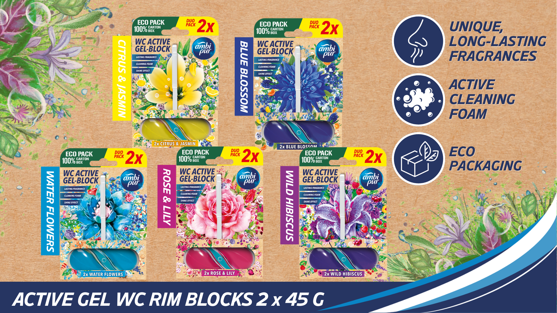 Ambi Pur Active Gel rim blocks 2 x 45 g